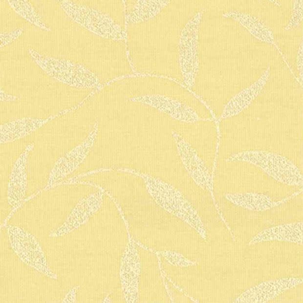 Yellow textured wallpaper with a subtle pale leaf-vine pattern covering the surface; pattern appears slightly raised and matte, forming a soft, decorative backdrop in an evenly lit interior.