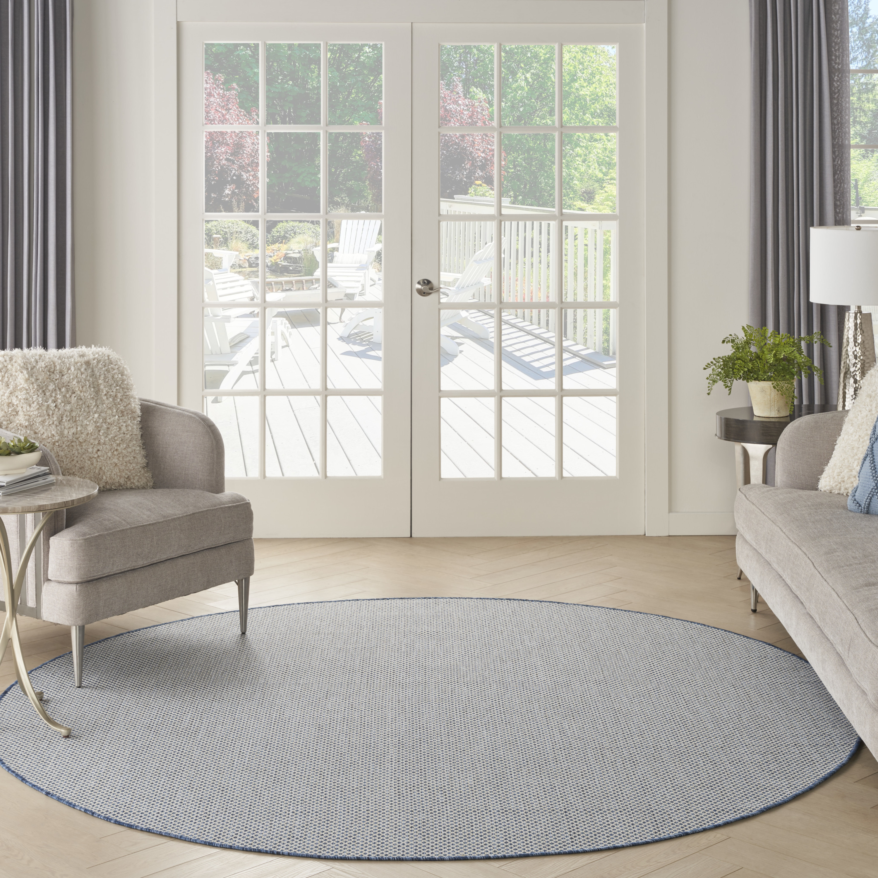 Nourison Courtyard 8' x Round Ivory Blue Modern Rug