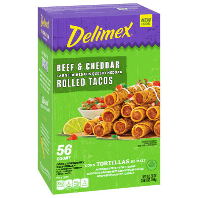 Delimex Beef & Cheddar Corn Rolled Tacos, 56 ct Box