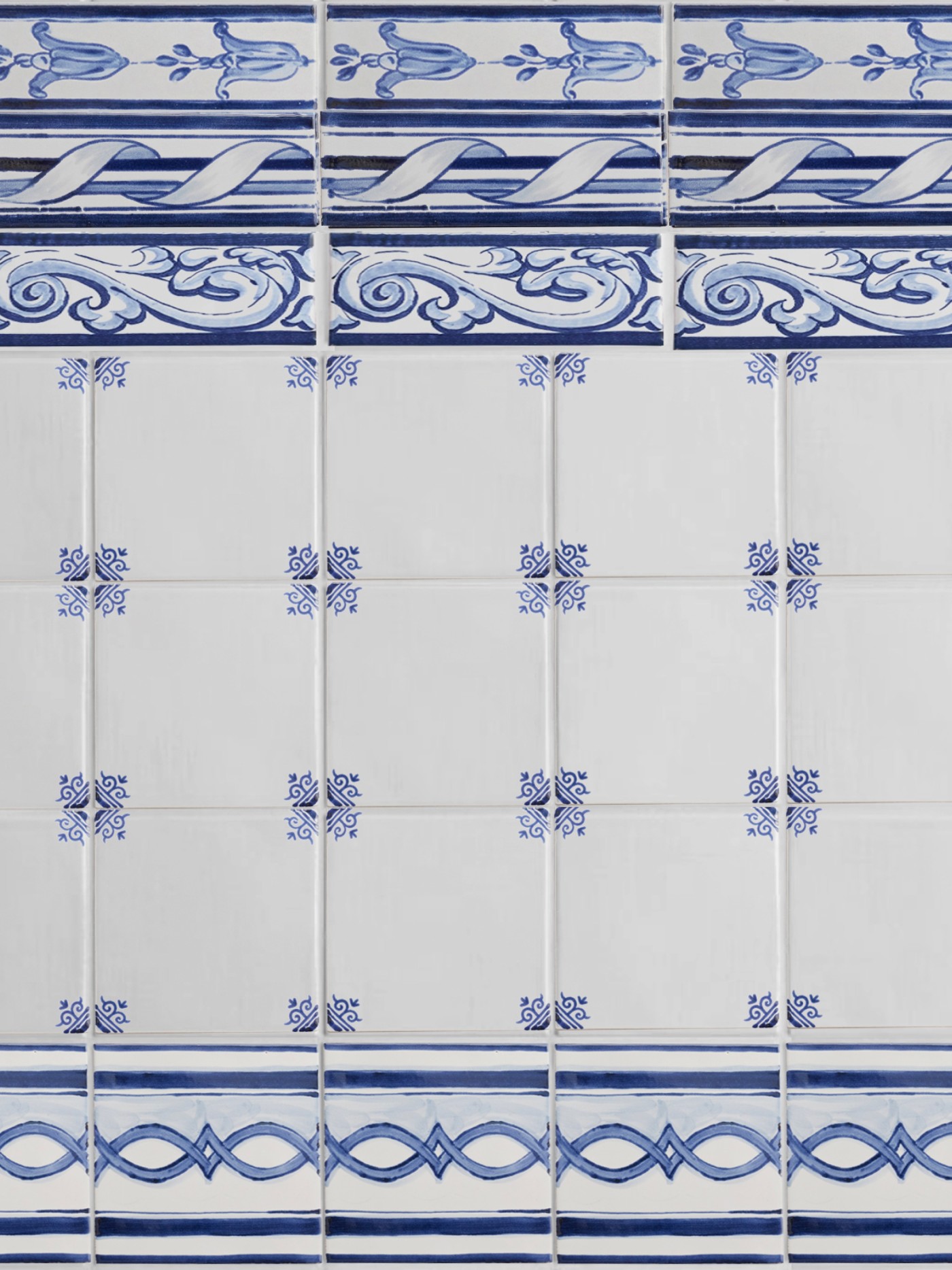 blue and white tiles with decorative designs.