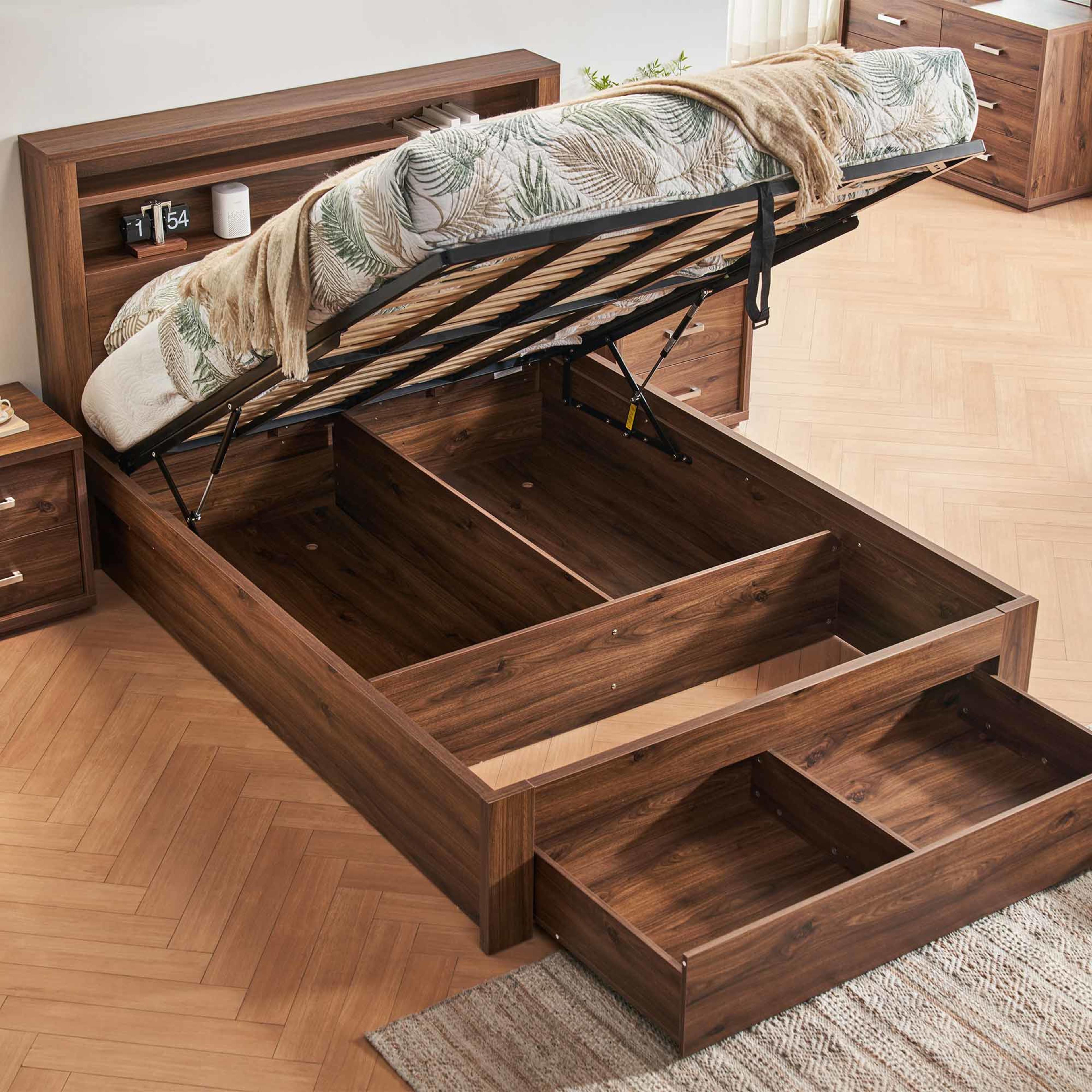 Lifestyle image of the  Bellevue Bed Frame, Front Slat Gas Lift & End Drawer Base, Rustic Walnut from Forty Winks