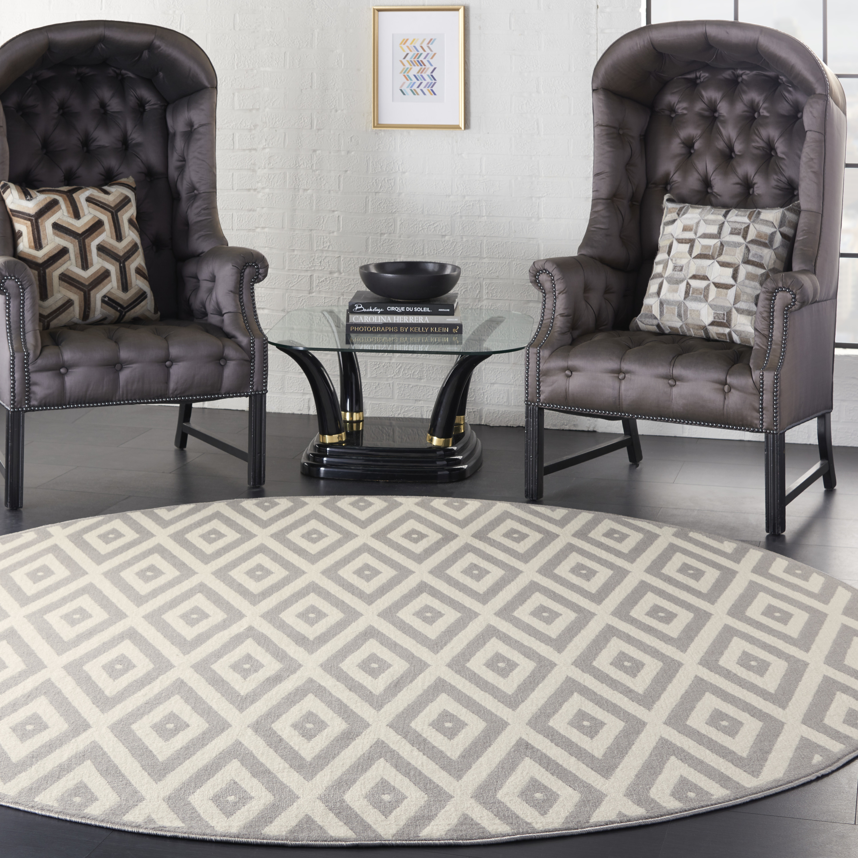 Nourison Grafix 8' x Round White/Grey Mid-Century Modern Indoor Rug
