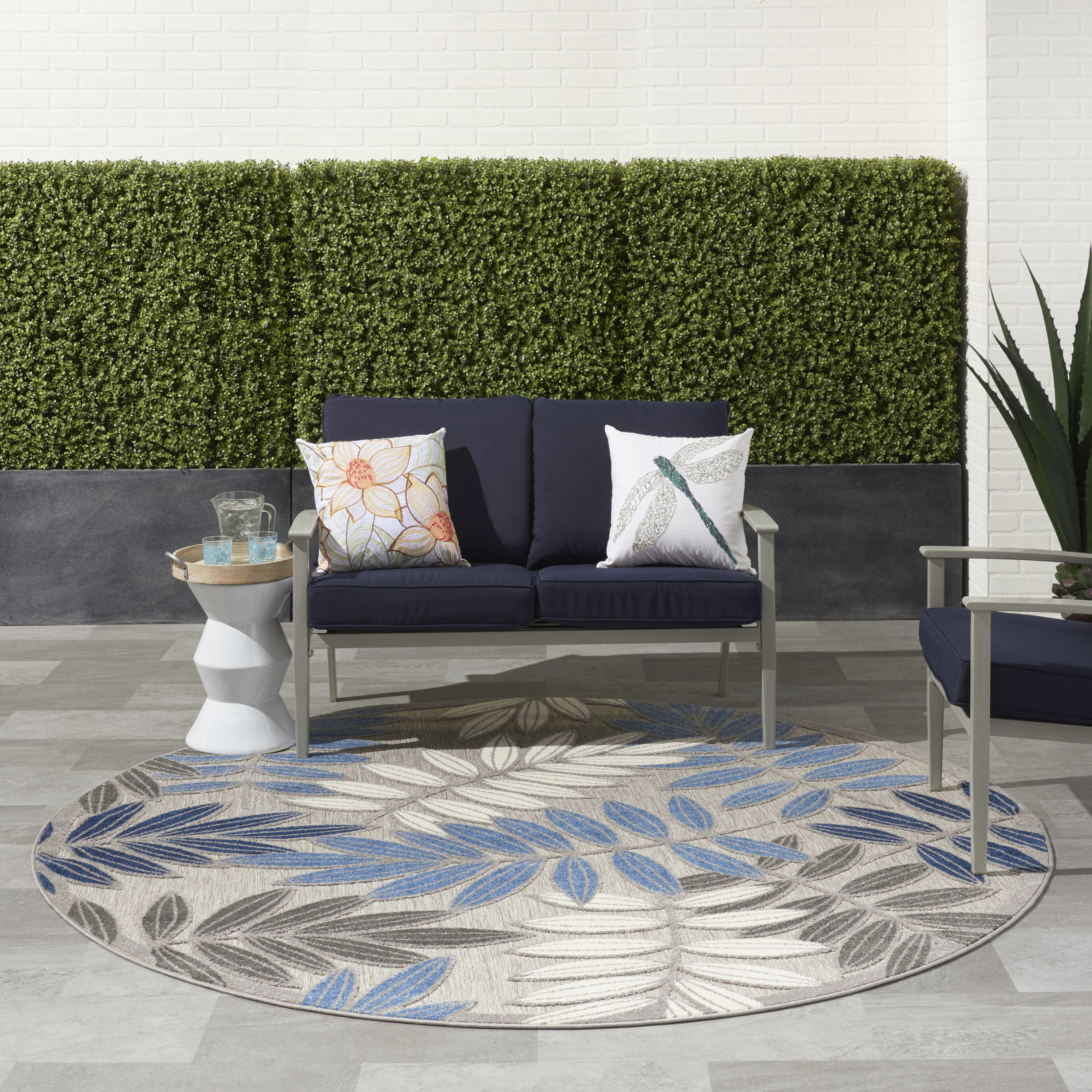 Nourison Aloha 7'10" x Round Grey Blue Tropical Rug