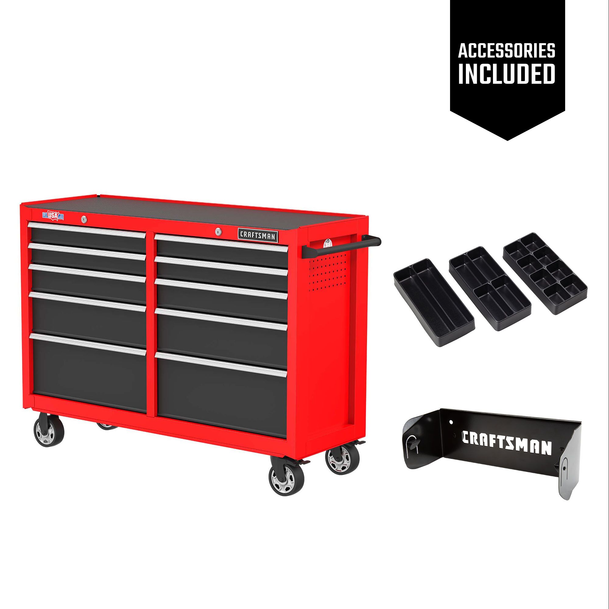 One red CRAFTSMAN 52 inch Wide 10-Drawer Rolling Tool Cabinet with three black Cabinet Drawer Trays and one black Magnetic Paper Towel Holder included