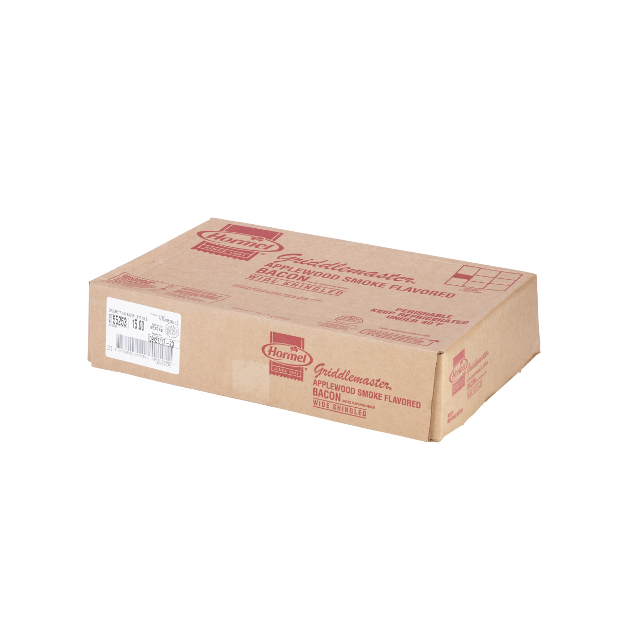 GRIDDLEMASTER(r) Bacon, Applewood, 13/17 slice, 15 lb . C1RA - Front Right Closed Case (Hi Res)