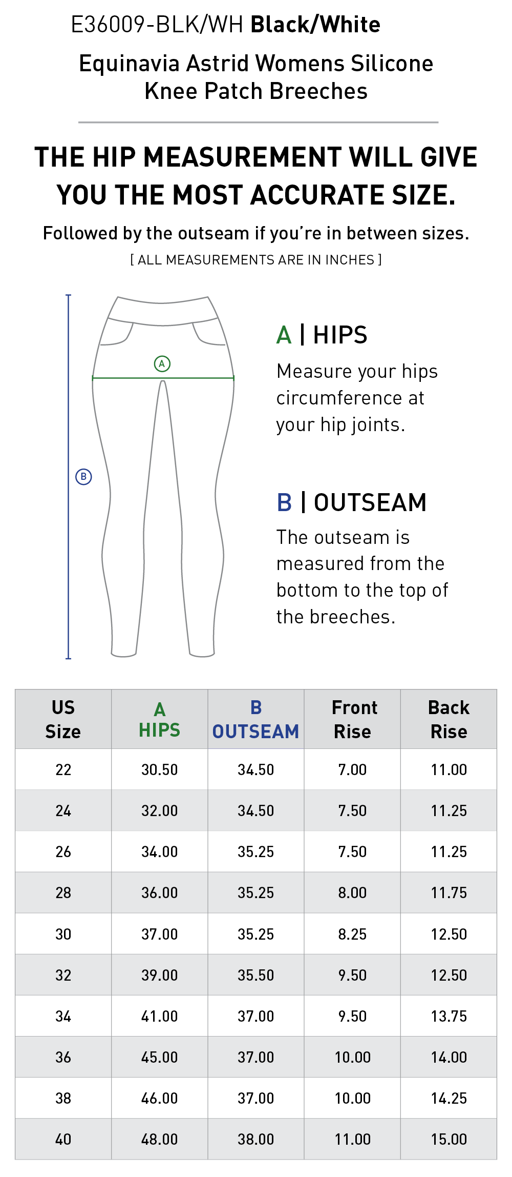 Size chart for Equinavia Astrid Womens Silicone Knee Patch Breeches - Black/White
