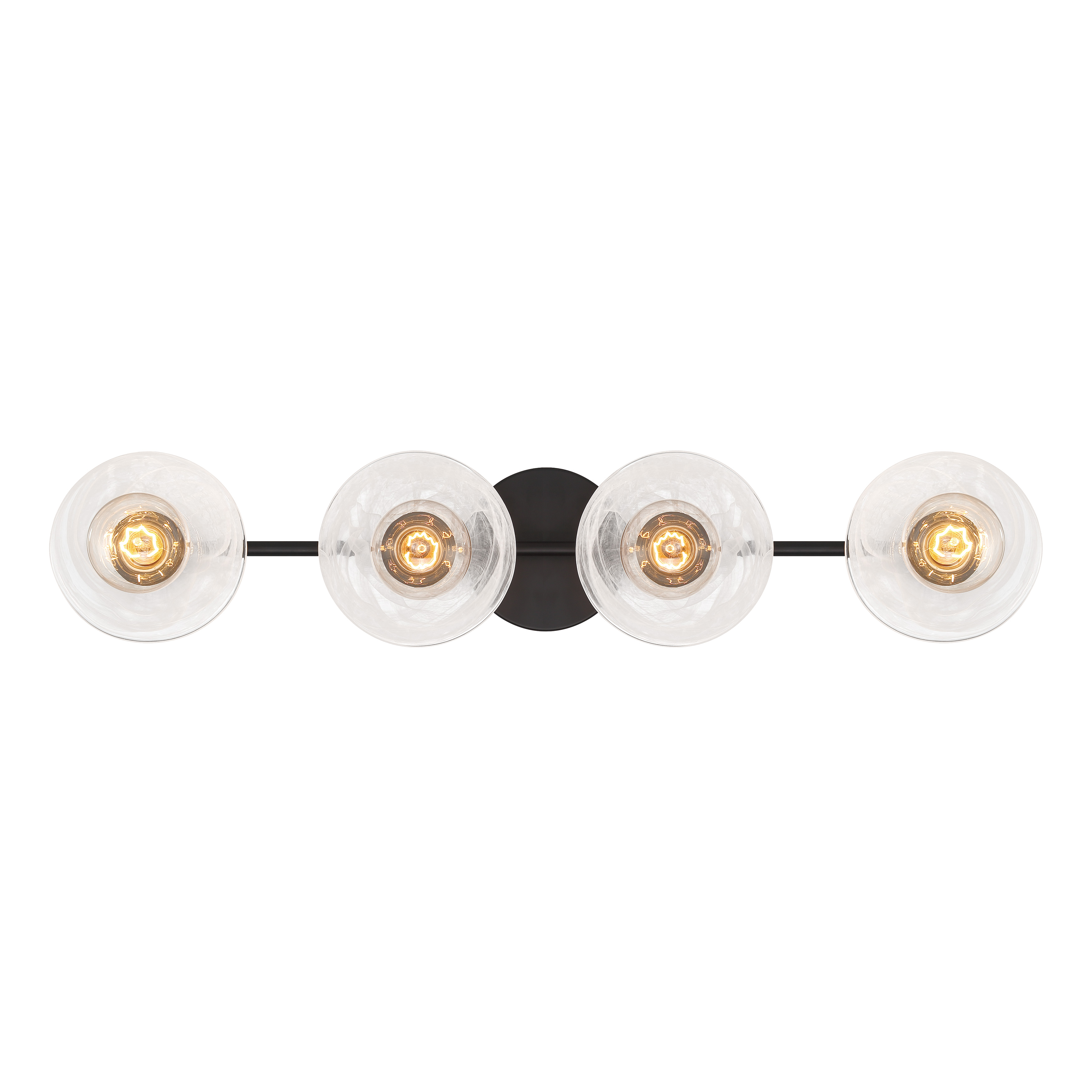 The Vapors 4-Light Bath fixture combines sleek coal black steel with beautiful alabaster glass shades, creating a sophisticated modern aesthetic perfect for contemporary bathrooms. Its 31.75-inch width provides excellent illumination. - alternate view