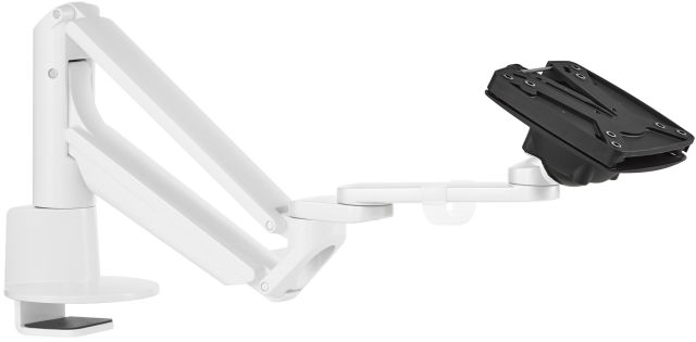 The Novus CLU Plus monitor arm in white at its lowest viewing level.