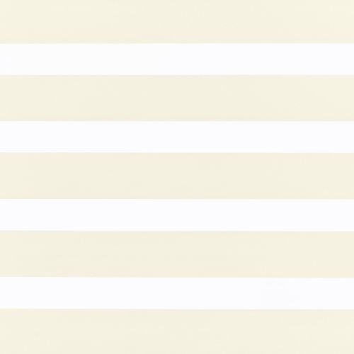 Horizontal zebra (day-and-night) window blind, lowered, with wide alternating beige opaque and white sheer stripes; sheer bands diffuse daylight while opaque bands block it, in a softly lit interior.
