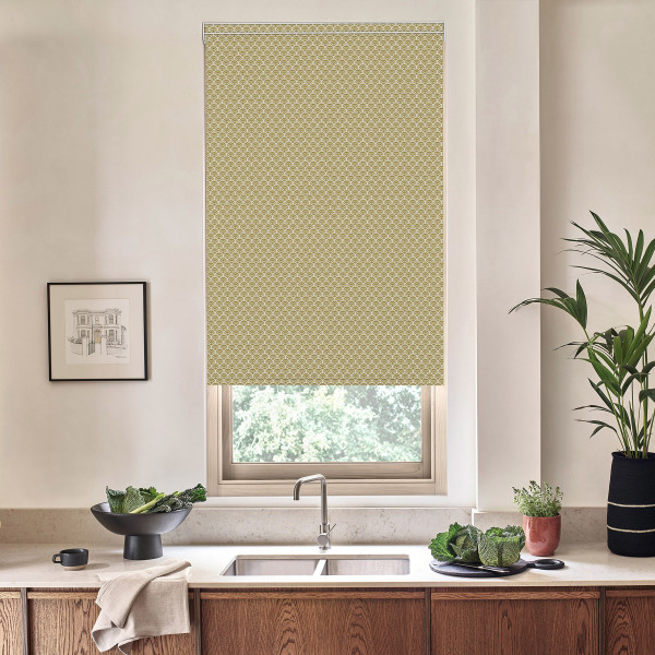 Patterned beige-green roller blind hangs partially lowered over a kitchen window; stainless faucet and sink beneath, countertop with bowl of lettuce, potted plants, and a framed sketch on the wall.