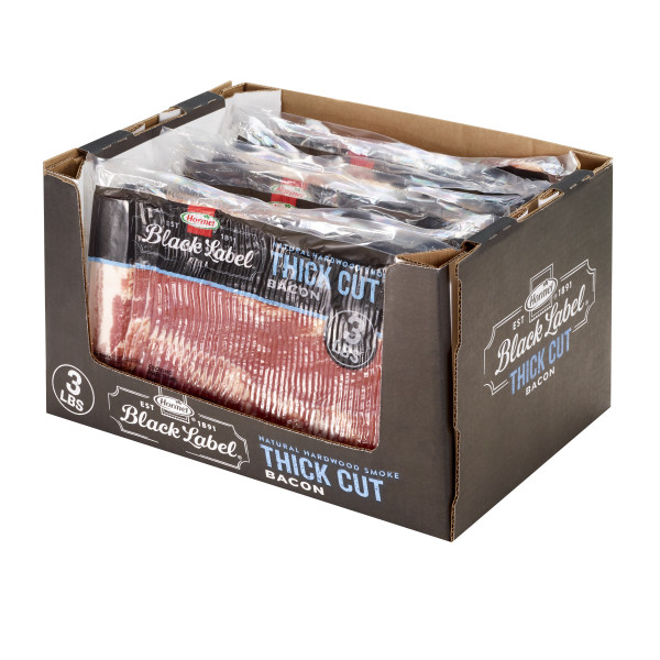 HORMEL(r) BLACK LABEL(r) Bacon, Thick Sliced, 12/3 lb . C1RM - Front Right Open Case (Hi Res)