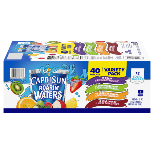 Capri Sun Roarin' Waters Grape, Strawberry Kiwi, Tropical Punch, and Wild Cherry Naturally Flavored Water Beverage Variety Pack, 40 ct Box, 6 fl oz Drink Pouches Image