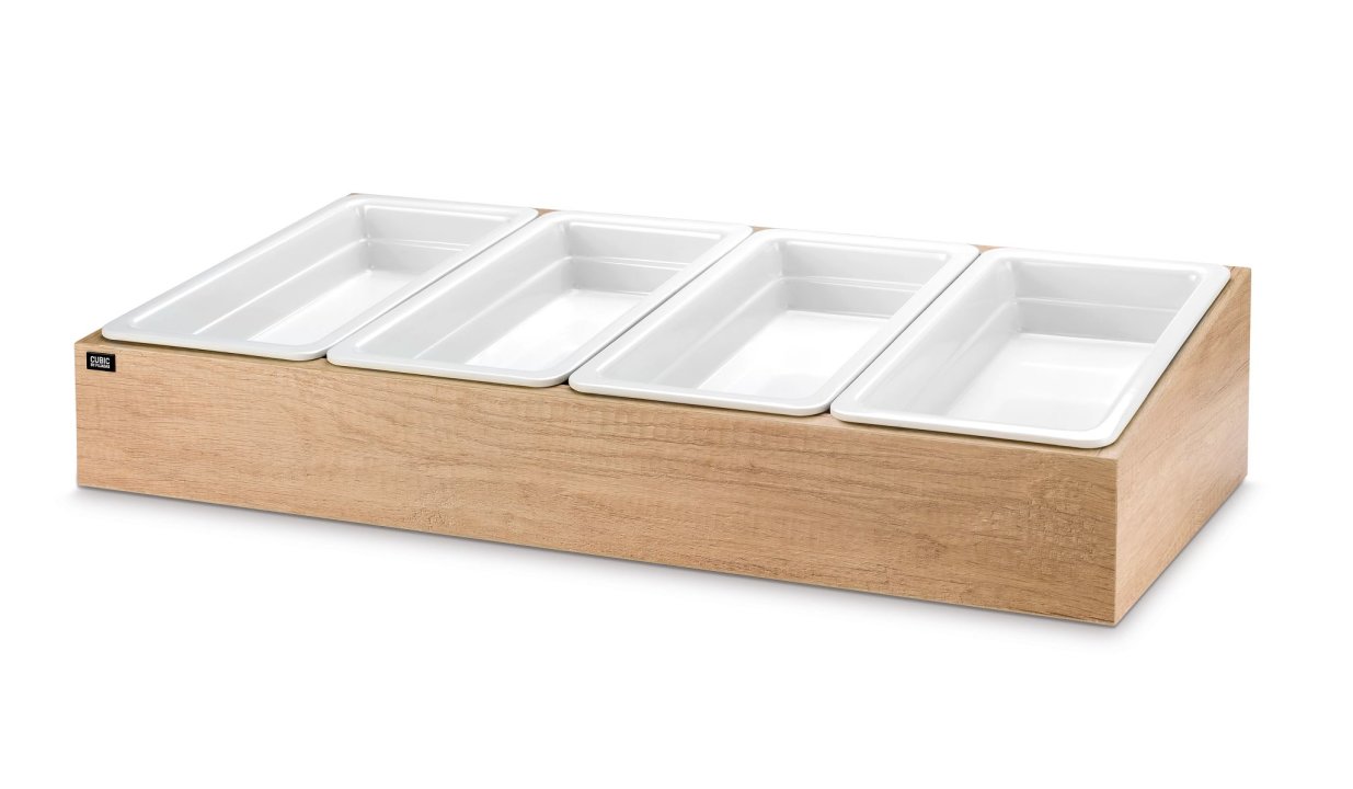 Cubertería cúbica 71 x 33.5 cm con acabado de roble para cuatro sartenes gastronorm tamaño 1/3