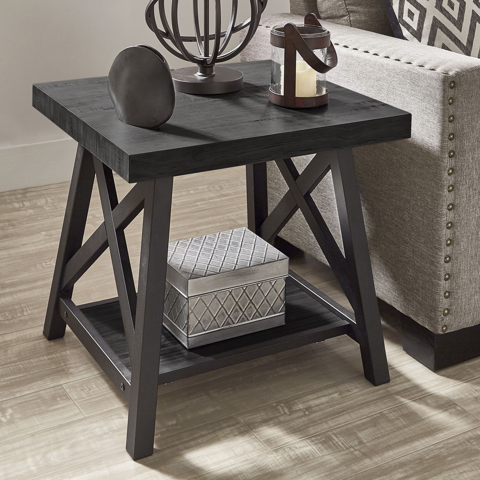 Rustic X-Base End Table with Shelf