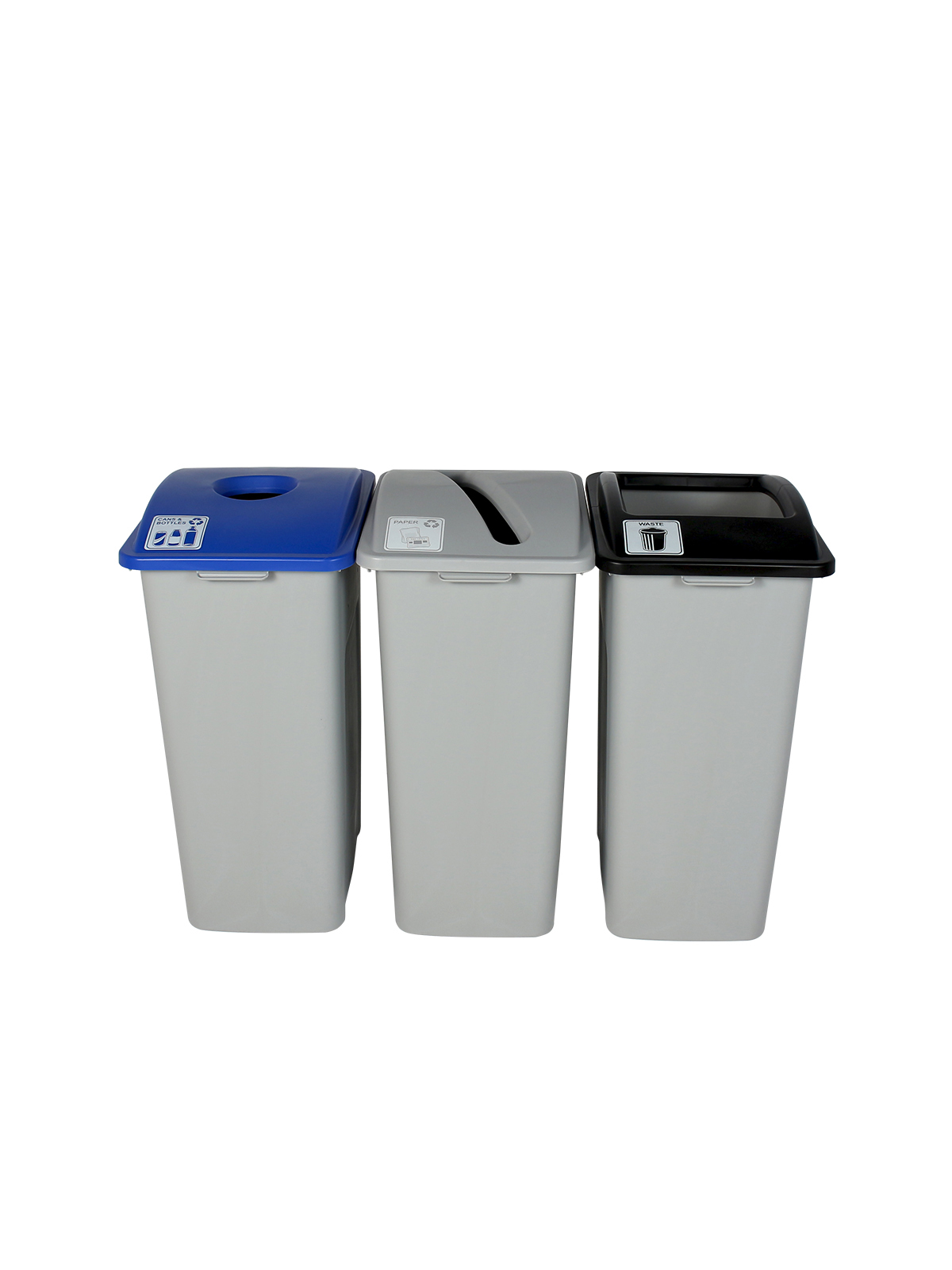 WASTE WATCHER – Triple – Kit – Xl – Cans & Bottles-Paper-Waste – Circle-Slot-Full – Grey-Blue-Grey-Black