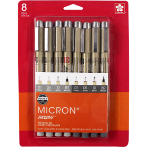 Pigma Micron Pens, Grays, Assorted Sizes, 8-Piece Set, Blister Card