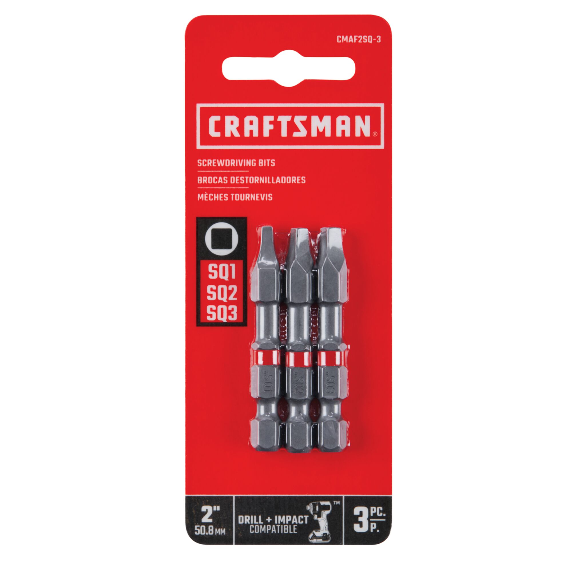 2 inch Set Square or Robertson High carbon Steel Hex Shank Screwdriver Bit Set 3 piece in carded packaging.