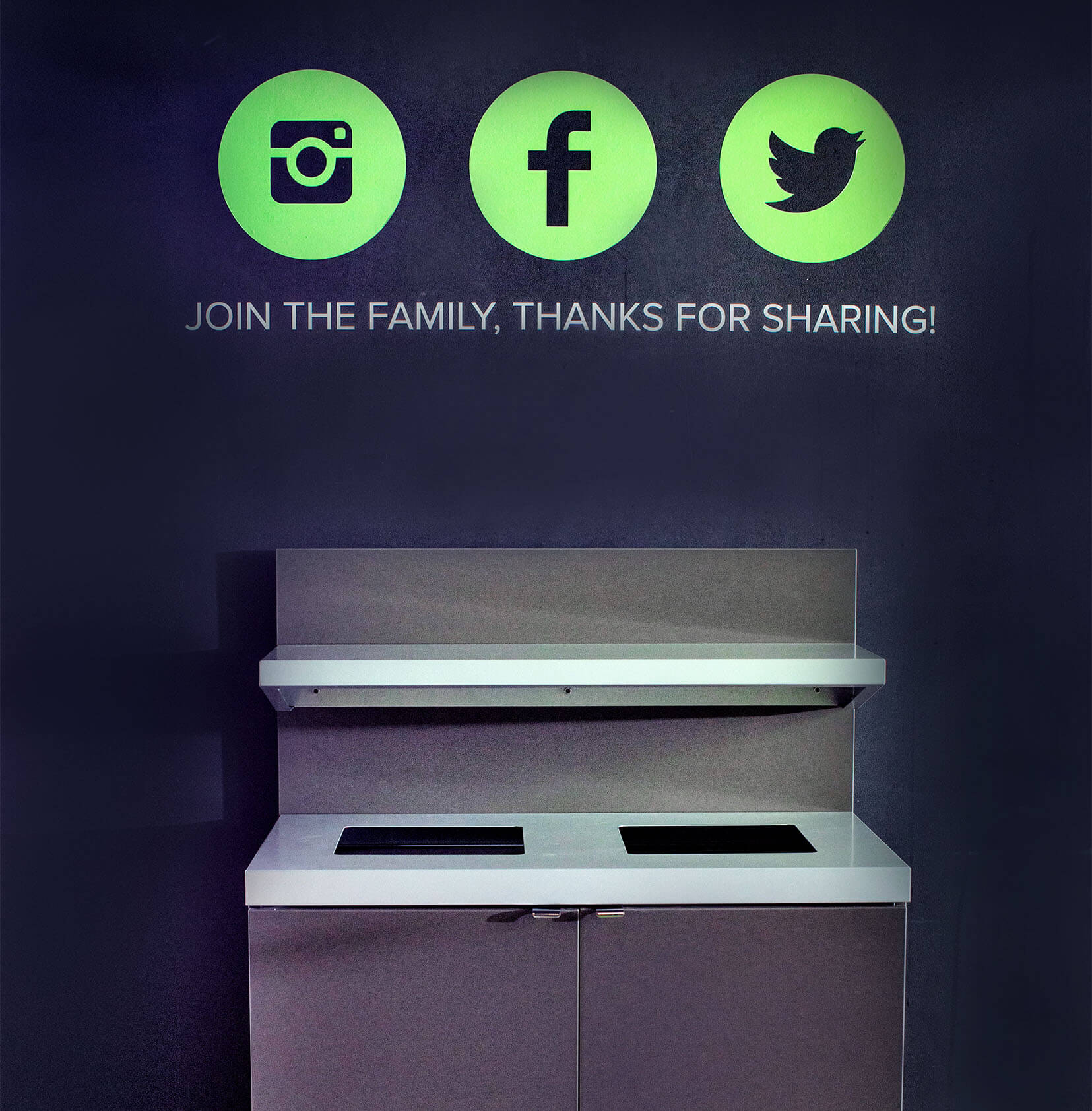 double indoor restaurant trash and recycling collection bin made from melamine and powder coated steel