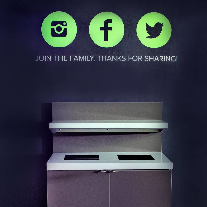 double indoor restaurant trash and recycling collection bin made from melamine and powder coated steel