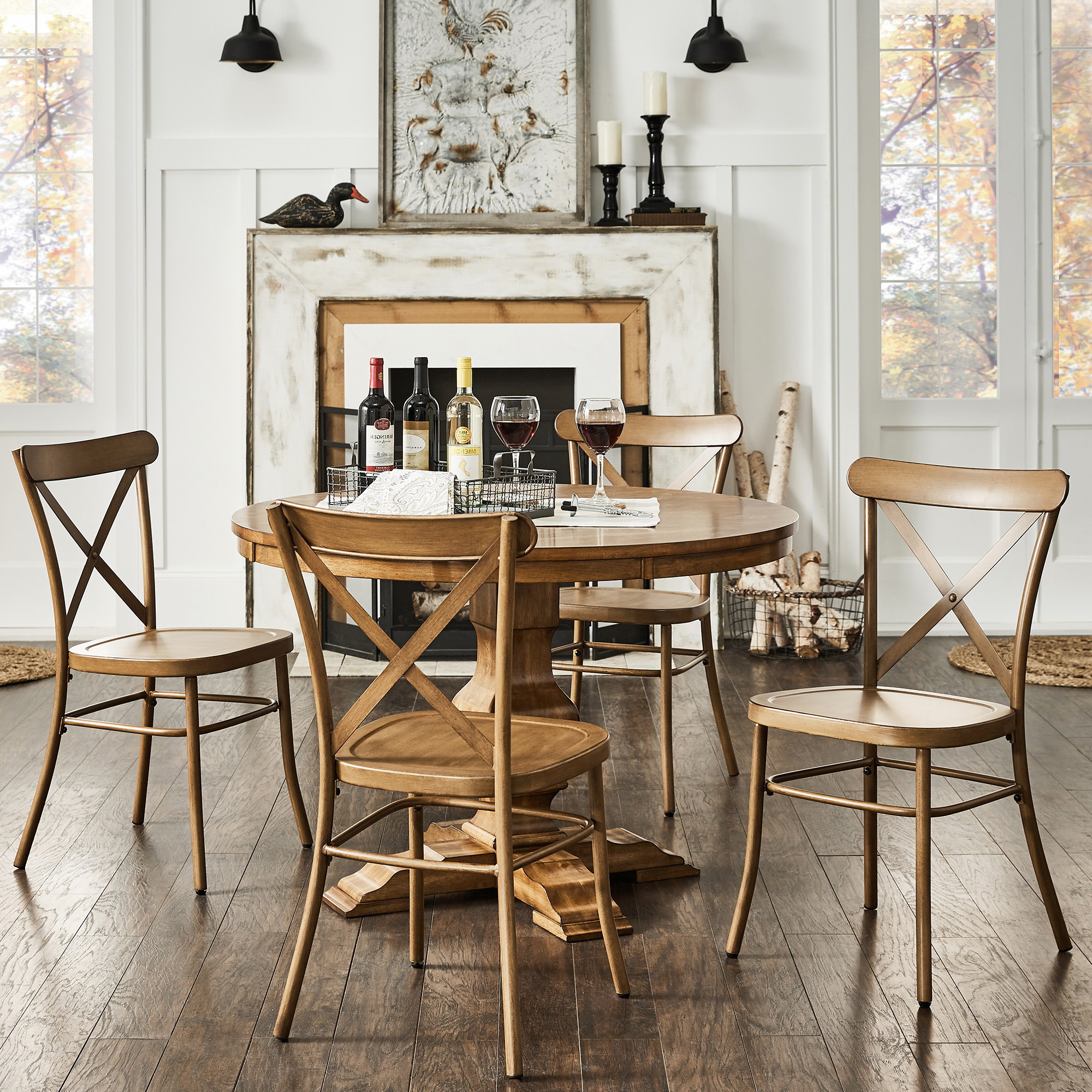 Oak Round Solid Wood Top 5-Piece Dining Set with X-Cross Back Chairs