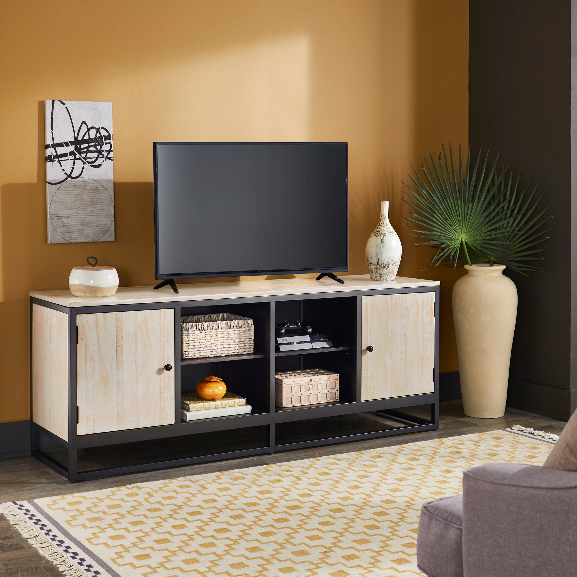 Distressed Finish Black Metal 70-inch TV Stand