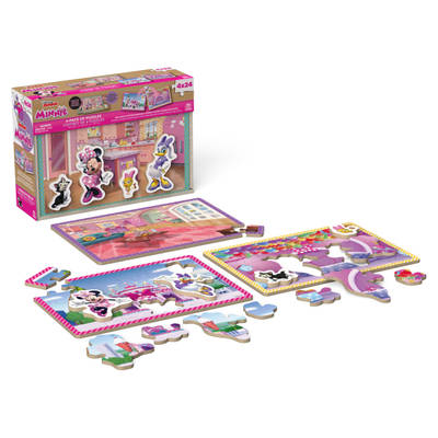 Minnie Mouse, 24-Piece Jigsaw Puzzles 4-Pack Bundle with 8 Interchangeable Minnie Mouse Character Pieces and Wooden Slide Box, for Kids Ages 4 and up