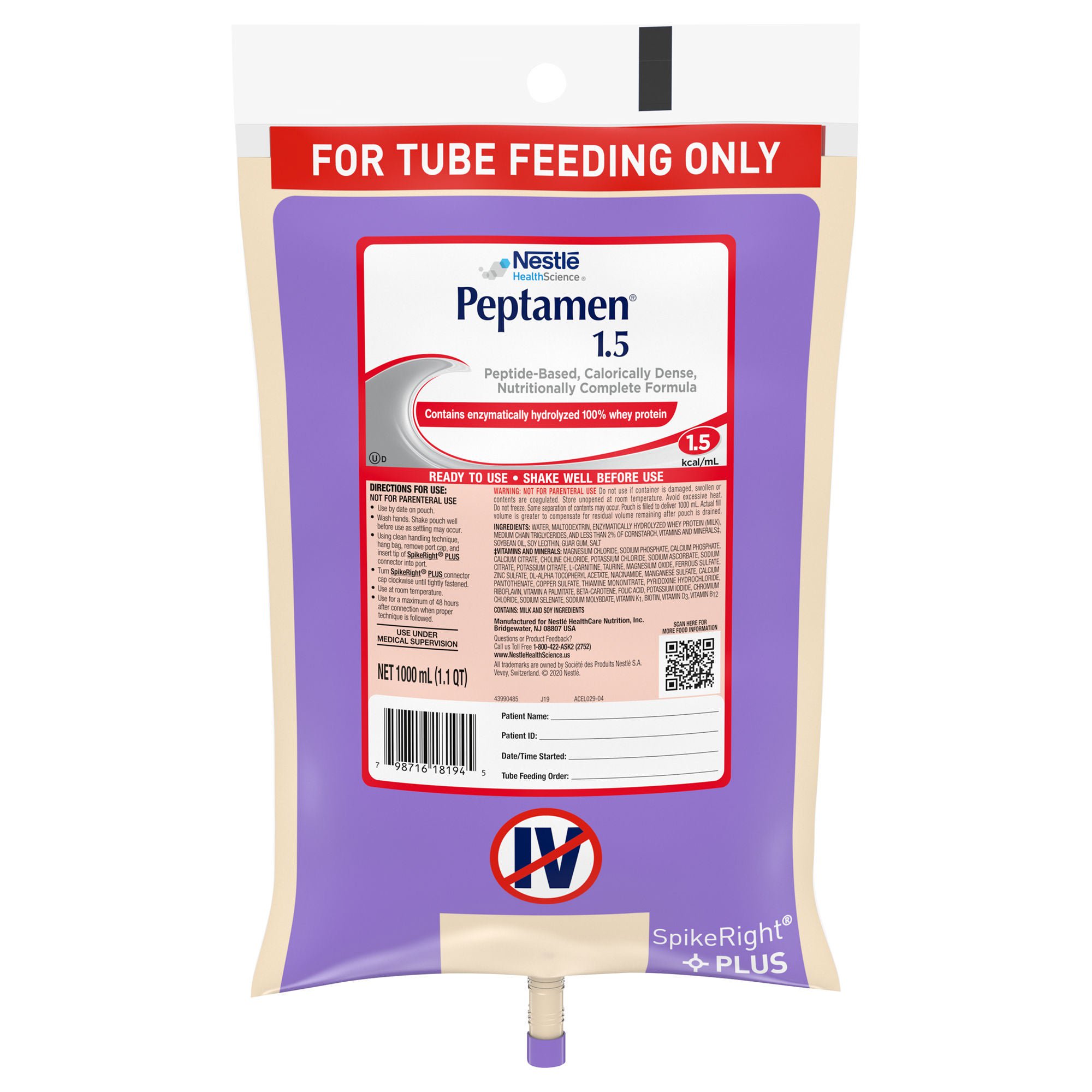 Peptamen® 1.5 Peptide-Based Nutritionally Complete Formula, 1 Liter Bag