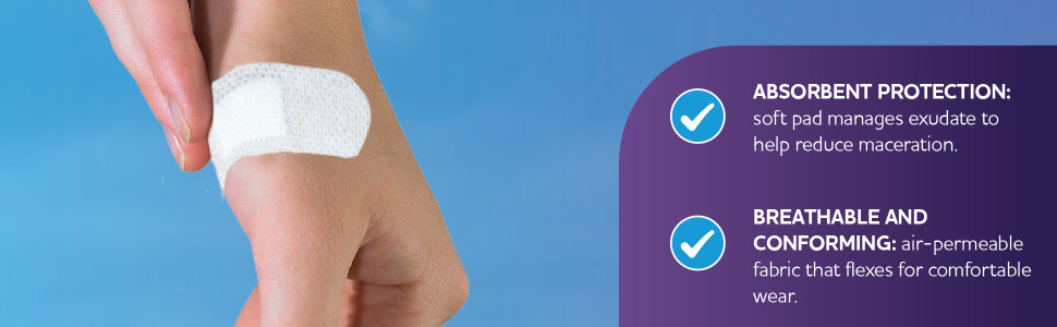 Absorbent protection: soft pad manages exudate to help reduce maceration.
Breathable and conforming: air‑permeable fabric that flexes for comfortable wear.