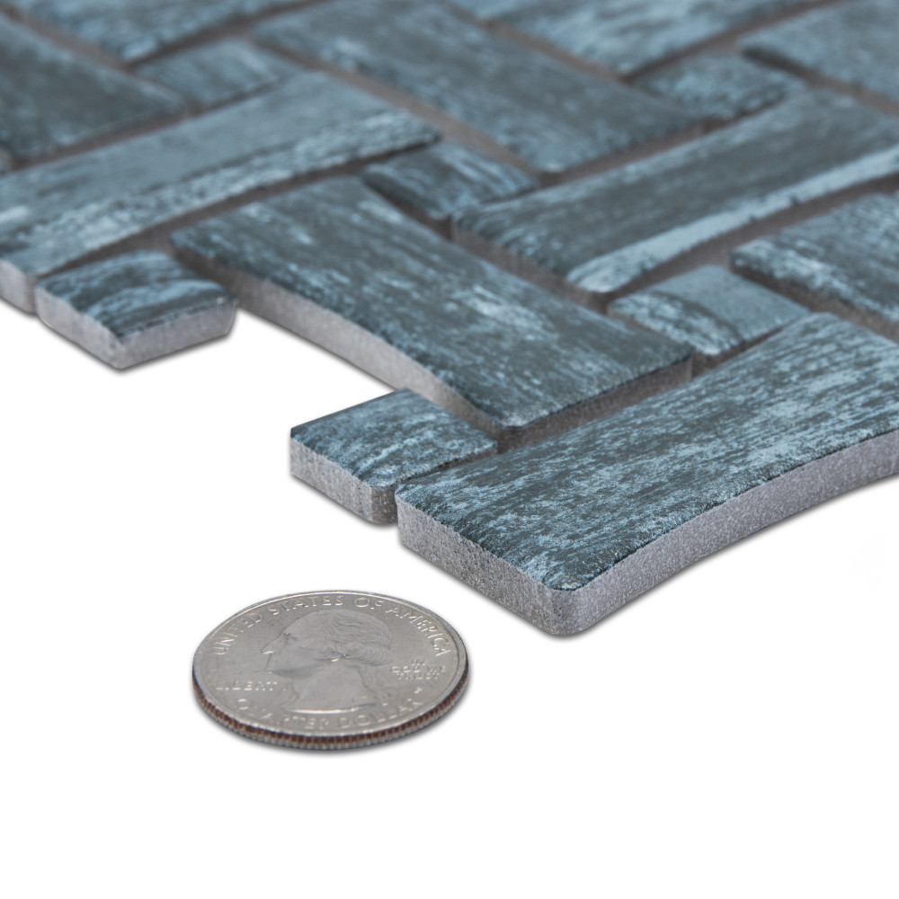 Sample – Cassis Dog Bone Basketweave Black w/ Black Dot Porcelain Mosaic Tile