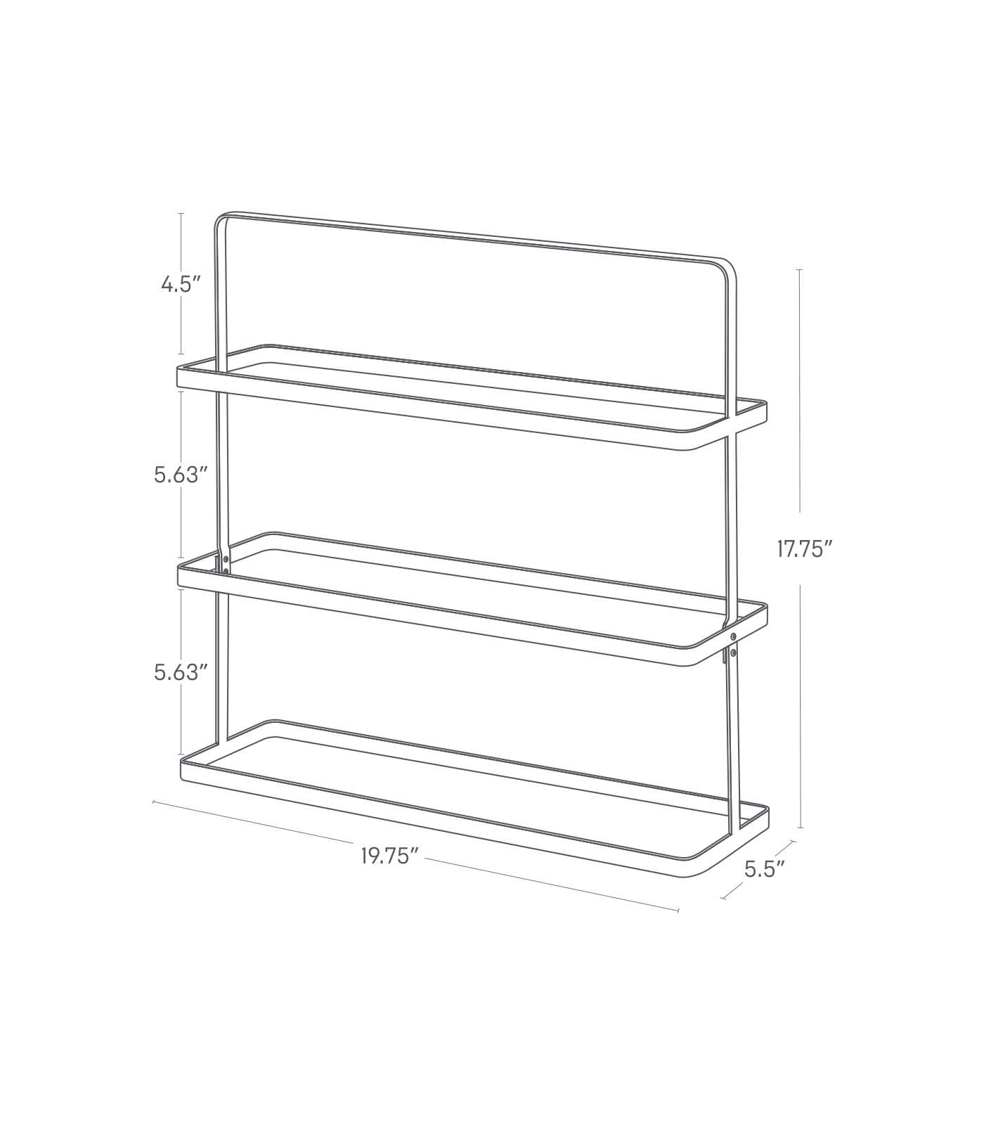 TOWER Shoe Rack. Size: Short. 17.75 inches tall, 19.75 inches long, 5.5 inches wide. Handle 4.5 inches tall, tiers 5.63 inches apart.