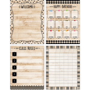 Core Decor Black, White, and Wood Classroom Essentials 4-Chart Pack