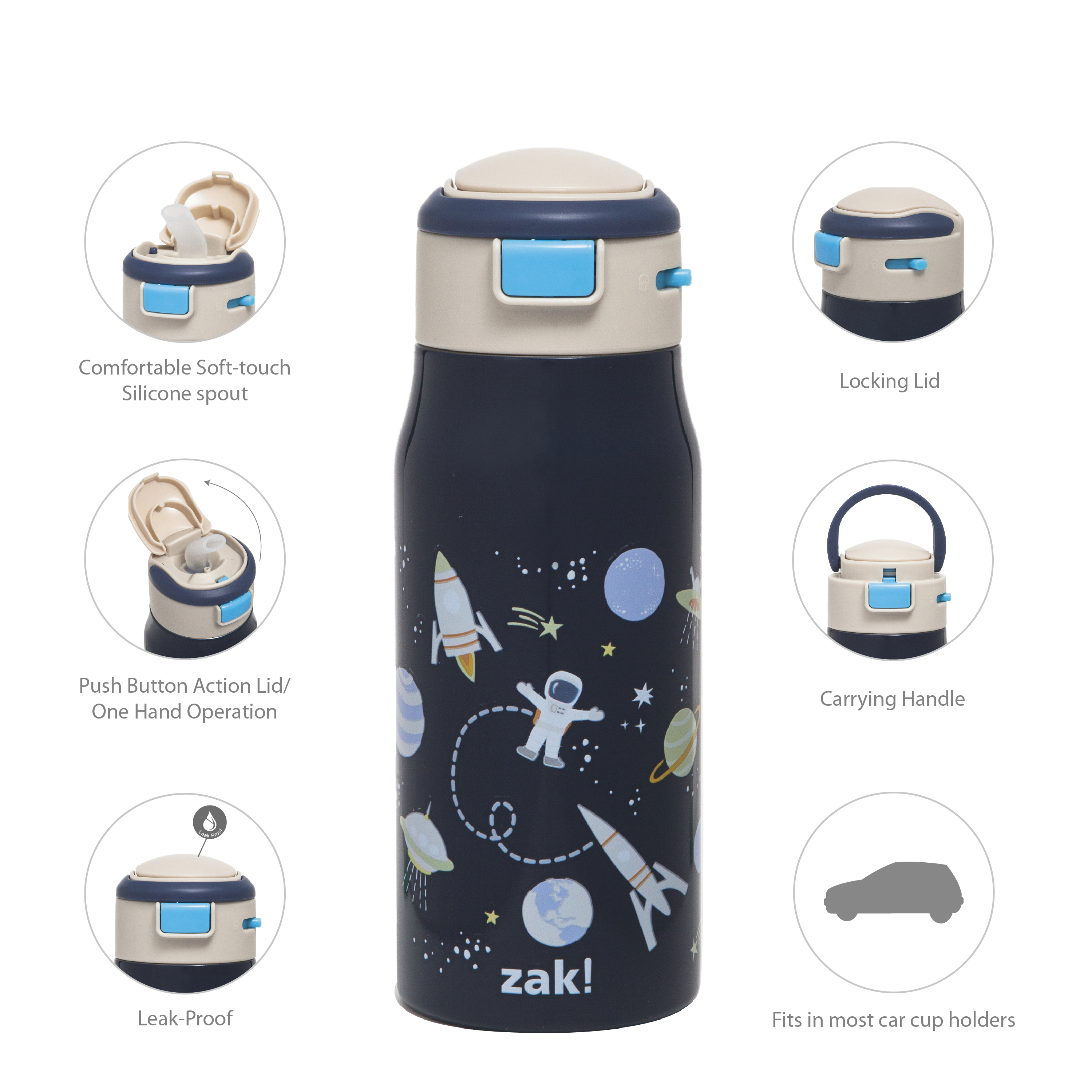 Zak Kids 13.5 ounce Mesa Double Wall Insulated Stainless Steel Water Bottle, Outer Space slideshow image 9