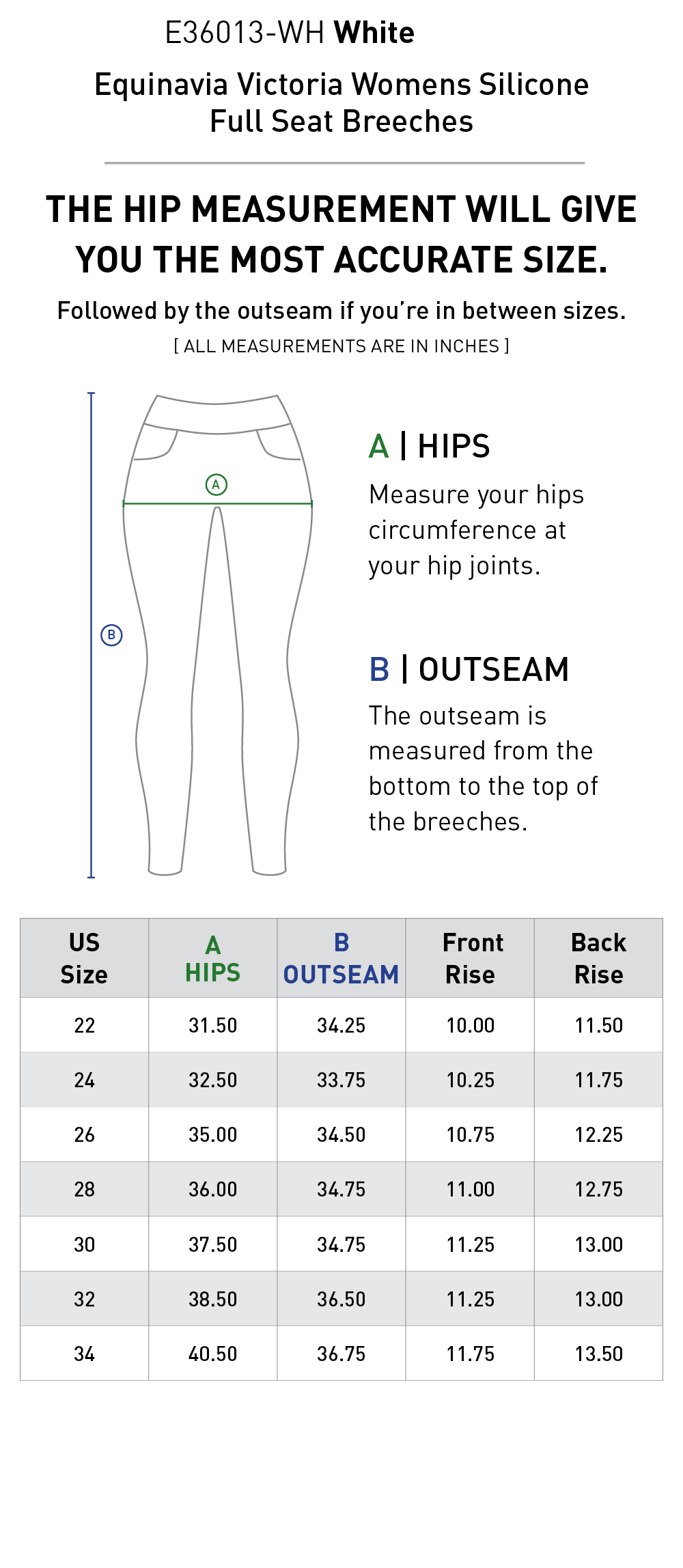 Size chart for Equinavia Victoria Womens Silicone Full Seat Breeches - White
