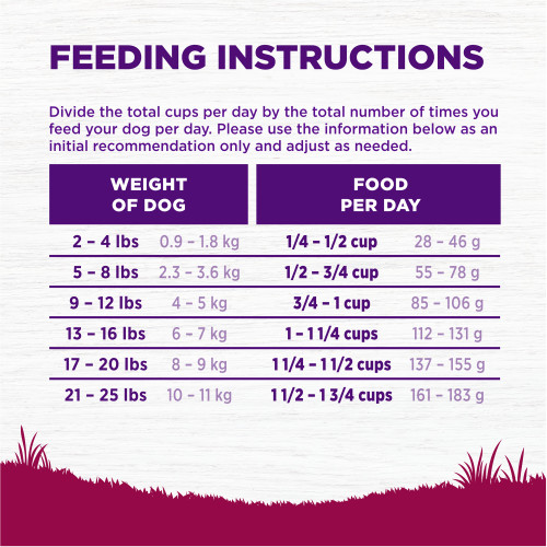 <p>Standard measuring cup holds approximately 3.9 oz (111g) of Wellness Complete Health Small Breed Deboned Turkey & Oatmeal Recipe Dog Food.									</p>
<p>Weight of Dog (lbs)	Weight of Dog (kg)	Cups per Day	Grams per Day<br />
2 – 4	0.9 – 1.8	1/4 – 1/2	28 – 46<br />
5 – 8	2.3 – 3.6	1/2 – 3/4	55 – 78<br />
9 -12	4 – 5	 3/4 – 1	85 – 106<br />
13 – 16	6 – 7	1 – 1 1/4	112 – 131<br />
17 – 20	8 – 9	1 1/4 – 1 1/2	137 – 155<br />
21 – 25	10 – 11	1 1/2 – 1 3/4	161 – 183						</p>
<p>Combination Feeding: If feeding with Wellness wet food, reduce dry amount fed by 1/12 cup (8g) for every two tablespoons of wet food.									</p>
