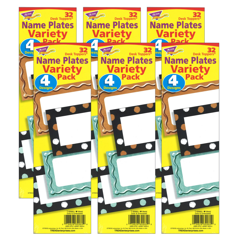 I ♥ Metal™ Dots & Embossed Desk Toppers® Name Plates Variety Pack, 32 Per Pack, 6 Packs