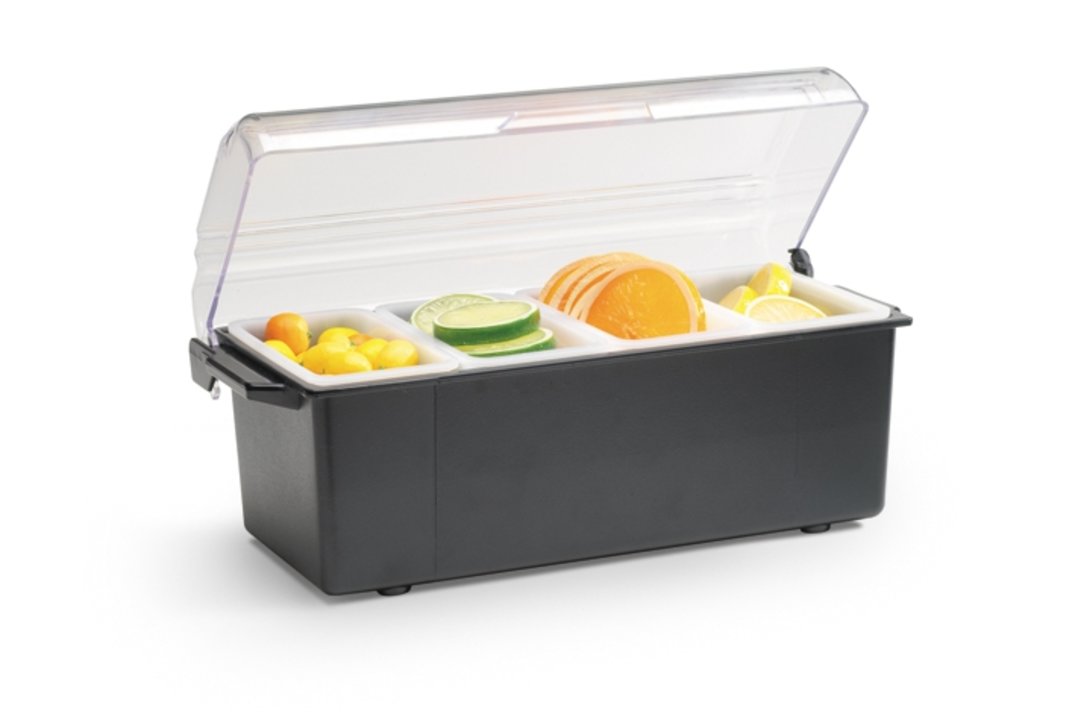 Dispensador de condimentos de plástico Traex® Kondi-Keeper™ en negro con 4 compartimientos