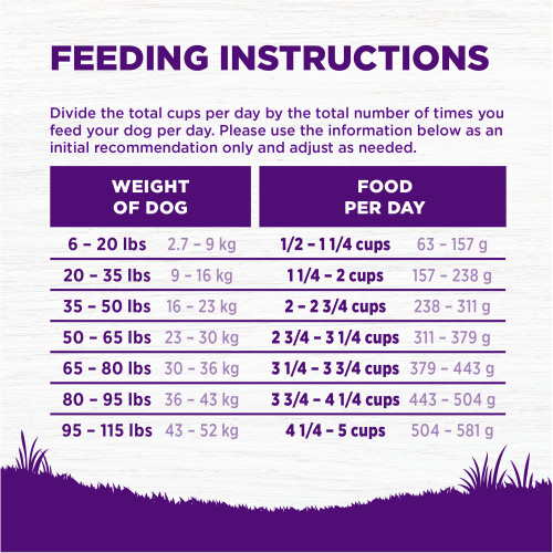 <p>Standard measuring cup holds approximately 4.0 oz (114g) of Wellness Complete Health Lamb & Barley Recipe Dog Food.									</p>
<p>Weight of Dog (lbs)	Weight of Dog (kg)	Cups per Day	Grams per Day<br />
6 – 20	2.7 – 9	1/2 – 1 1/4	63 – 157<br />
20 – 35	9 – 16	1 1/4 – 2	157 – 238<br />
35 – 50	16 – 23	2 – 2 3/4	238 – 311<br />
50 – 65	23 – 30	2 3/4 – 3 1/4	311- 379<br />
65 – 80	30 – 36	3 1/4 – 3 3/4	379 – 443<br />
80 – 95	36 – 43	3 3/4 – 4 1/4	443 – 504<br />
95 – 115	43 – 52	4 1/4 – 5	504 – 581</p>
<p>Dogs over 115 lbs (52kg): Add approximately 1/3 cup (35g) for every 10 lbs (4.5kg) over 115 lbs.									</p>
<p>Combination Feeding: If feeding with Wellness wet food, reduce dry amount fed by 1/2 cup (48g) for every 6 oz (170g) of wet food.									</p>
