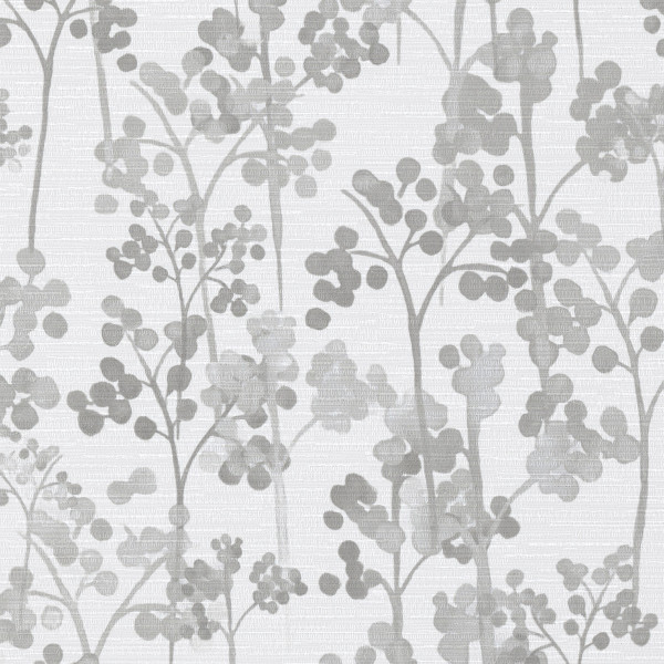 Slim botanical stems with clustered round leaves rise and overlap, forming a repeating gray silhouette pattern on a subtly textured white background, resembling wallpaper or woven fabric.