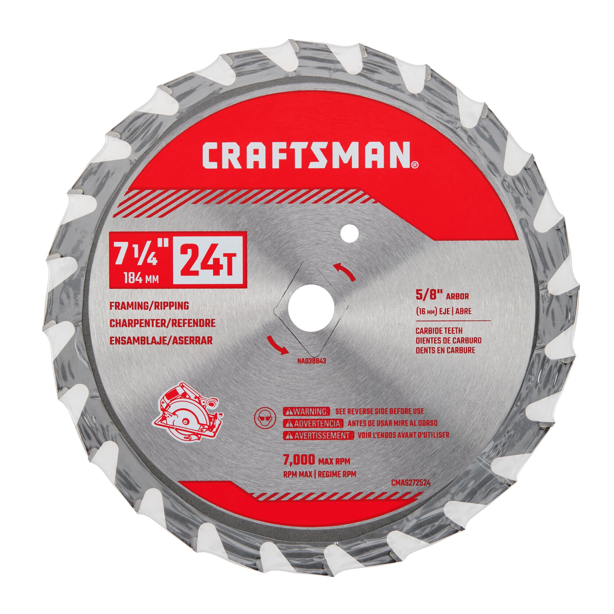 7 and a quarter inch 24 tooth framing ripping saw blade in plastic packaging.