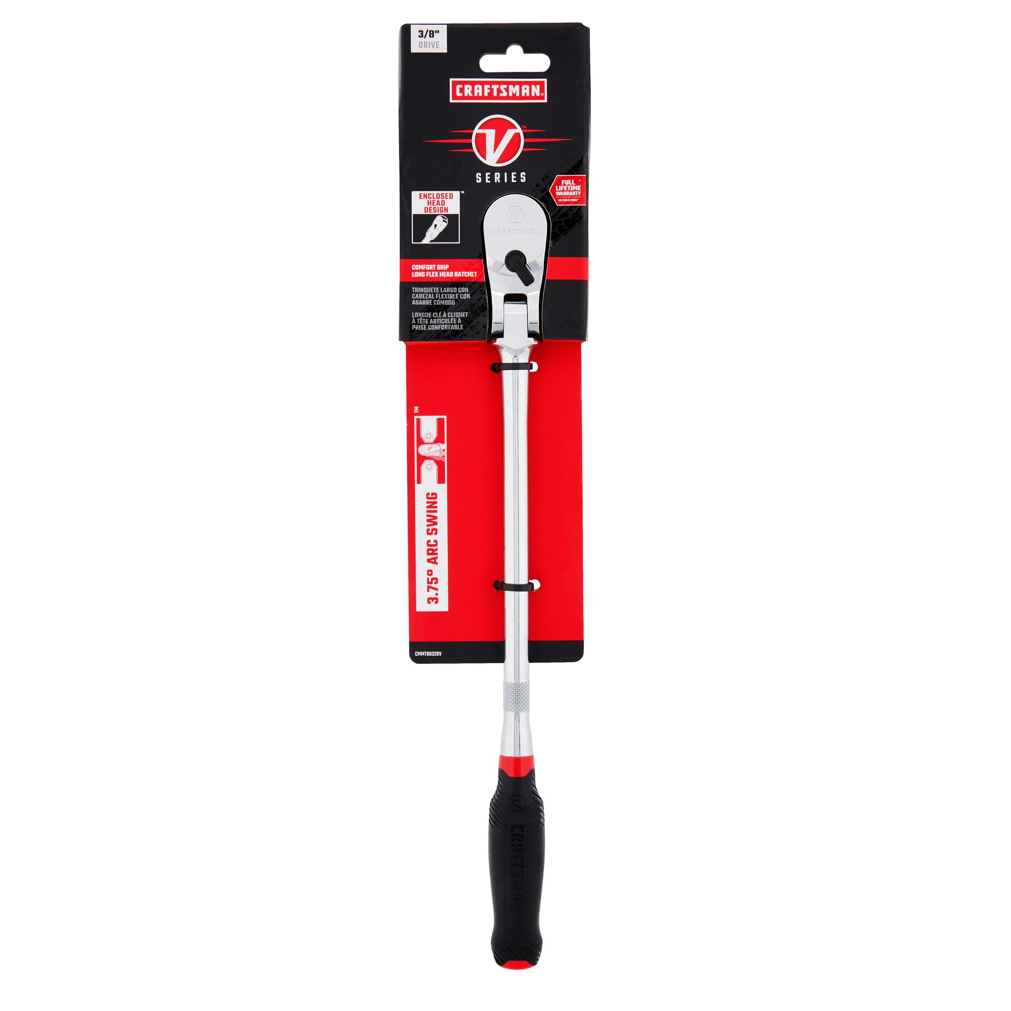 V series three eighth inch drive comfort grip long flex head ratchet in packaging.