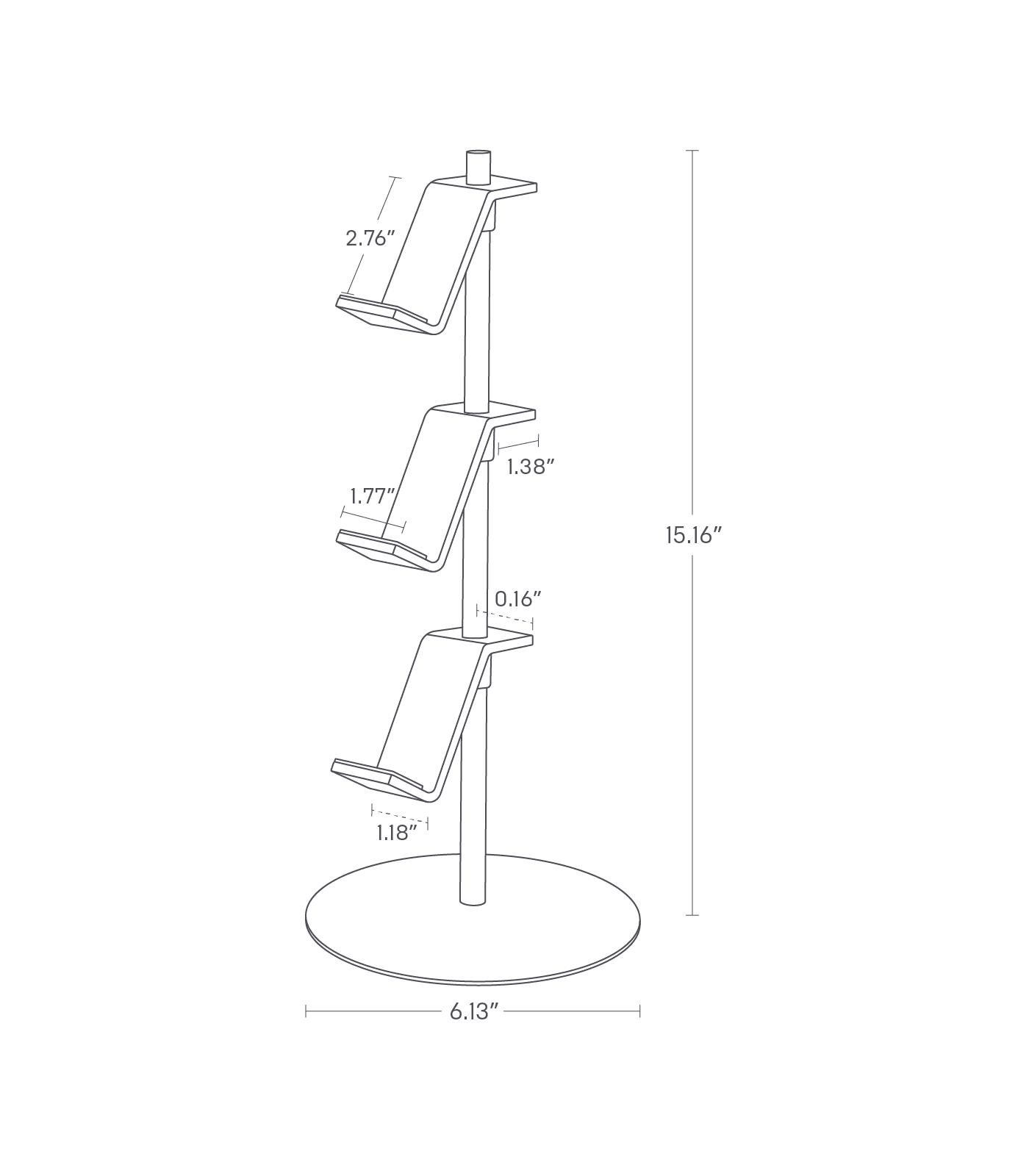 Dimension image for Controller Stand with total height is 15.16", base diameter is 6.13", top section is 2.76", middle is 1.77", bottom is 1.18". Each tier width is 1.38", pole thickness is 0.16"