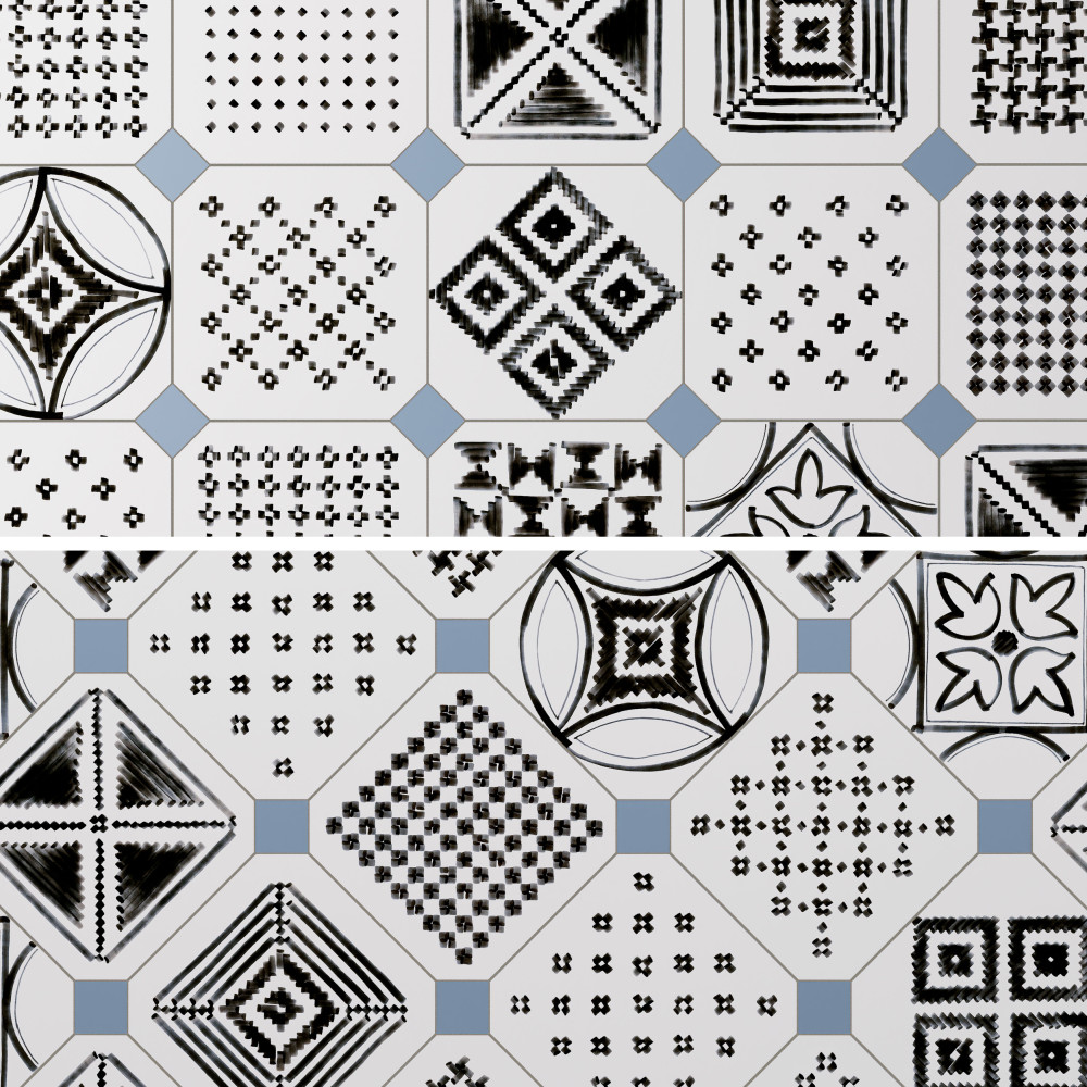 Vaudeville Octagon Deco Sombra with Taco Azzuro 7-7/8 in. x 7-7/8 in. Porcelain Floor and Wall Tile