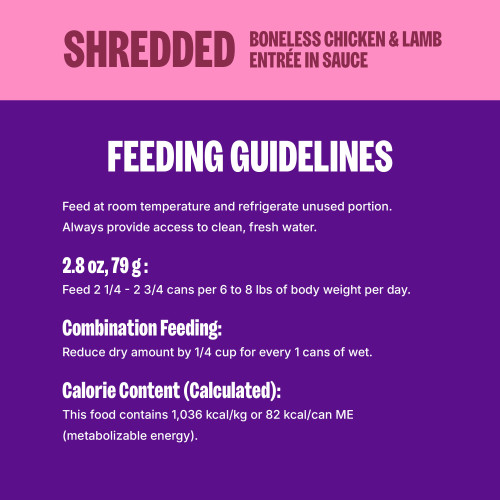 <p>Feed according to the age, size, and activity of your cat. Feed at room temperature and refrigerate unused portion. Always provide access to clean, fresh water. 									</p>
<p>Feed 2 1/4 – 2 3/4 cans per 6 to 8 lbs of body weight per day.<br />
Combination Feeding: Reduce dry amount by 1/4 cup for every 1 can of wet.									</p>
