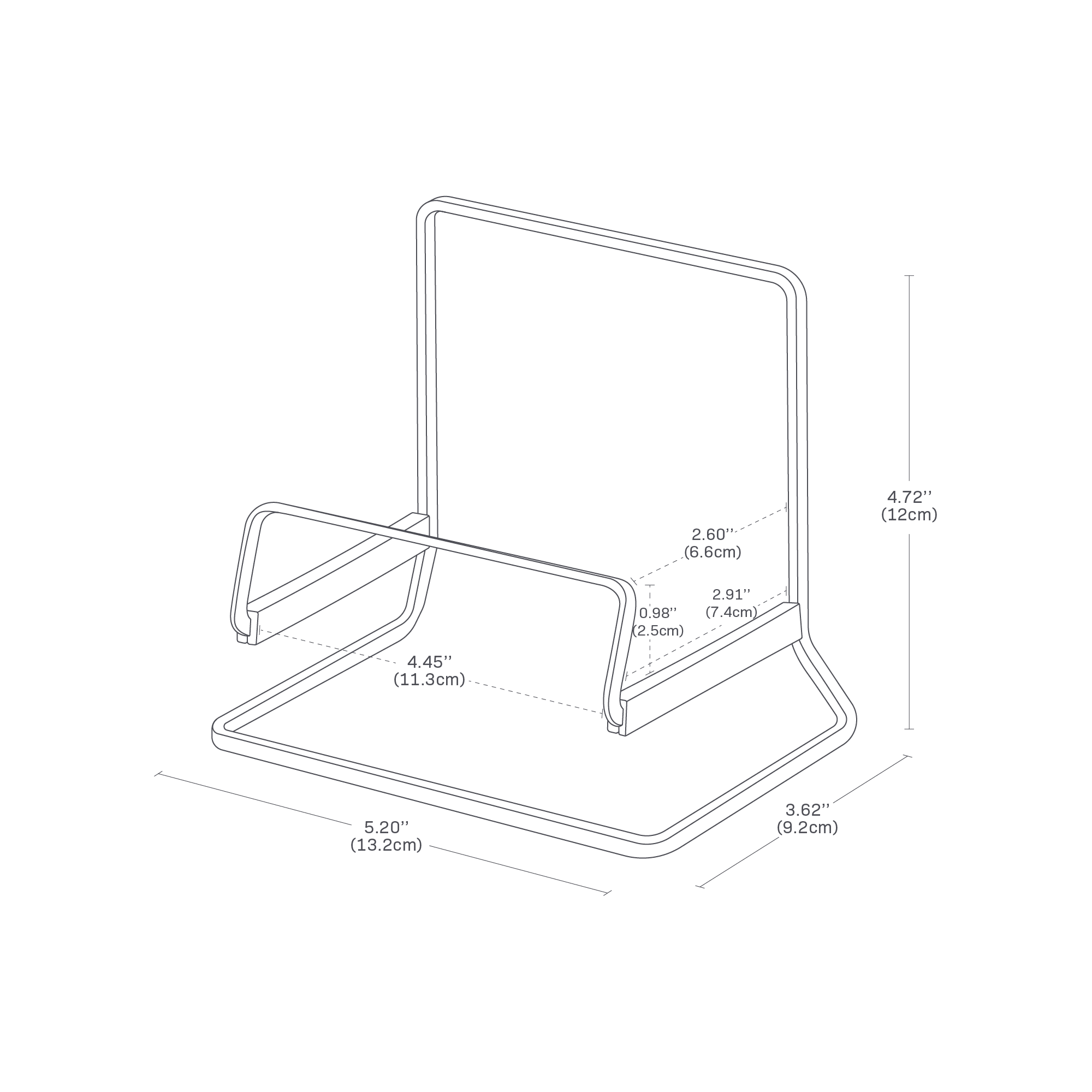 A detailed dimensions image of the frying pan stand featuring the dimensions L 3.62 x W 5.2 x H 4.72 inches