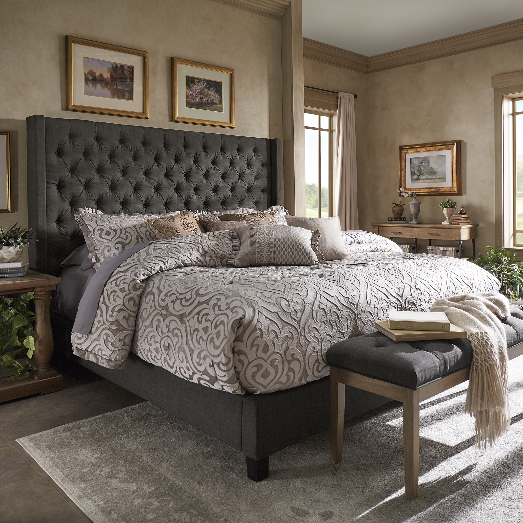 Wingback Button Tufted Tall Headboard Platform Bed
