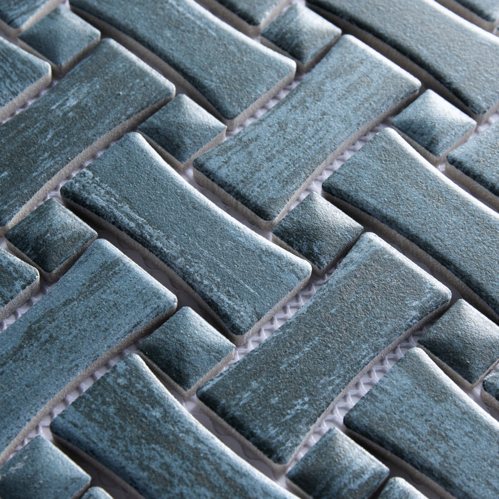 Sample – Cassis Dog Bone Basketweave Black w/ Black Dot Porcelain Mosaic Tile