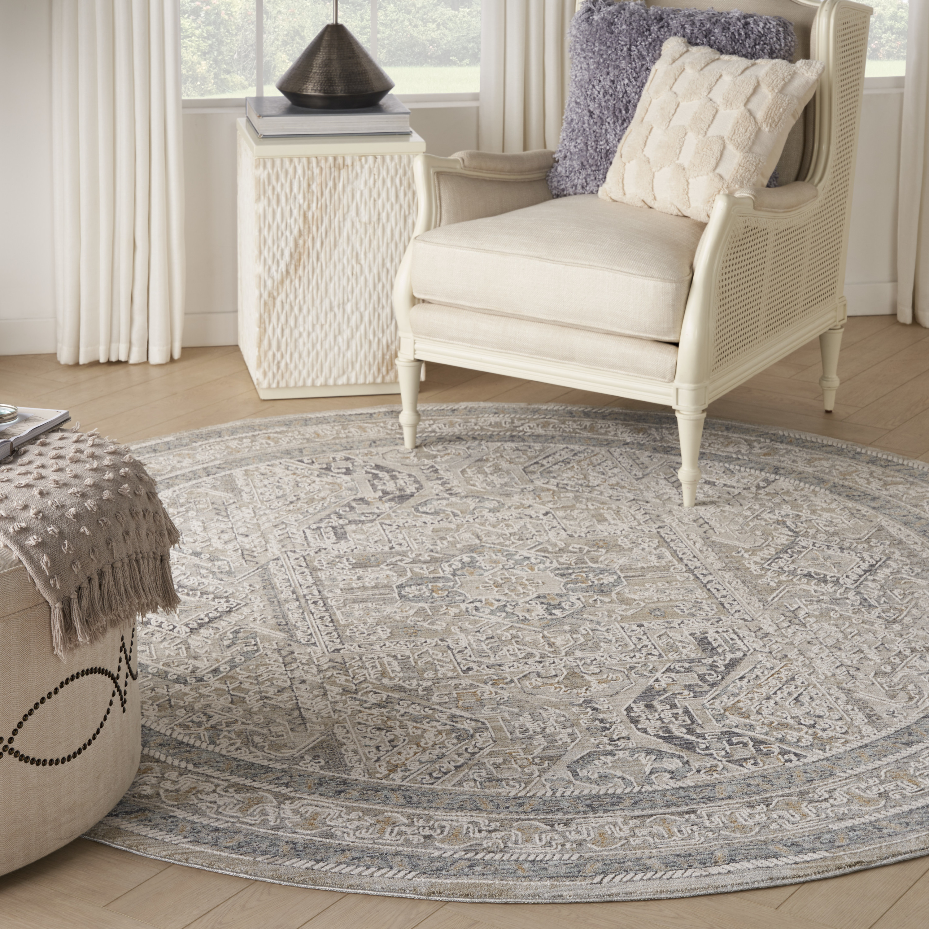 Nourison Lynx 7’10” x Round Ivory Grey Blue Vintage Indoor Rug
