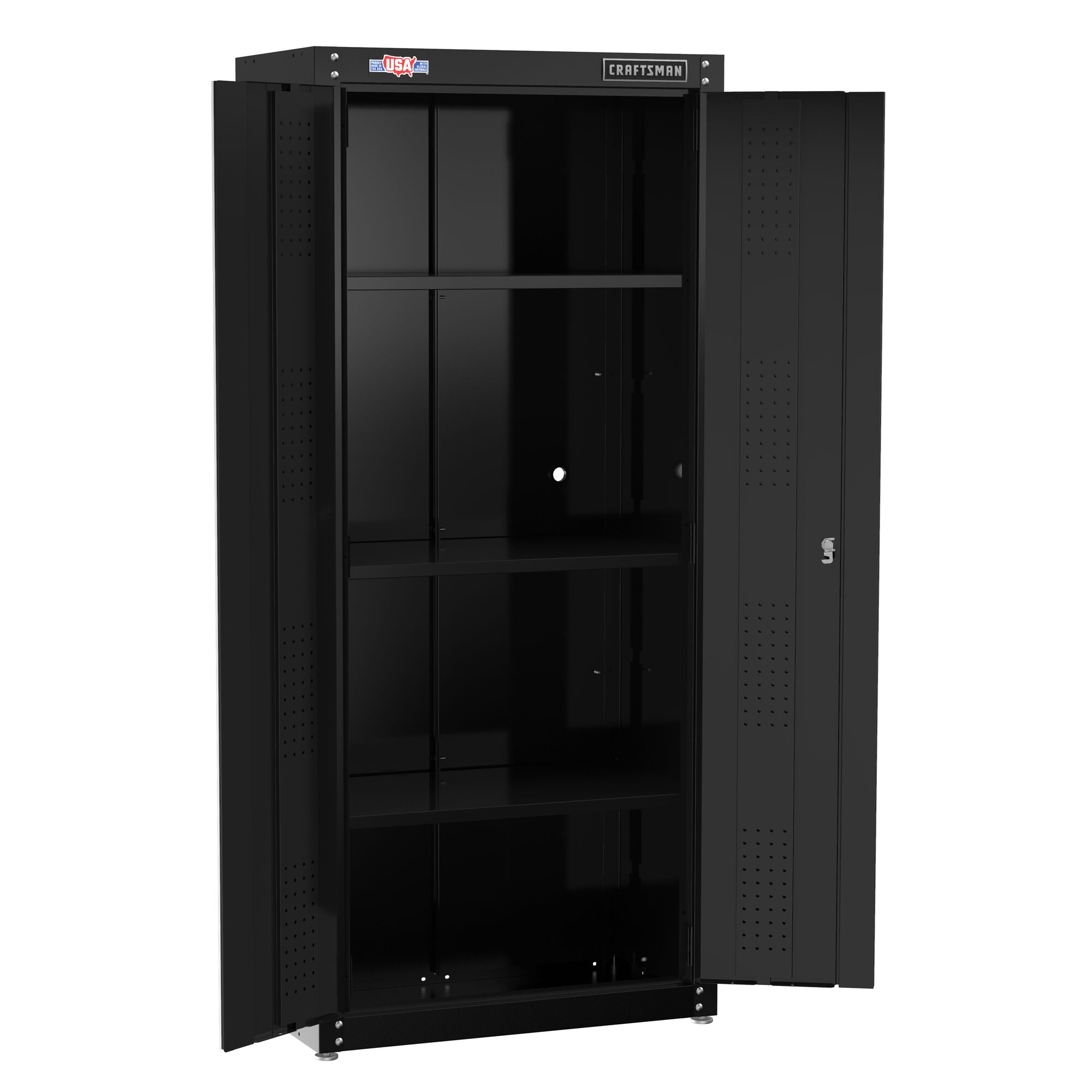 CRAFTSMAN 32-in wide storage cabinet angled view with doors open