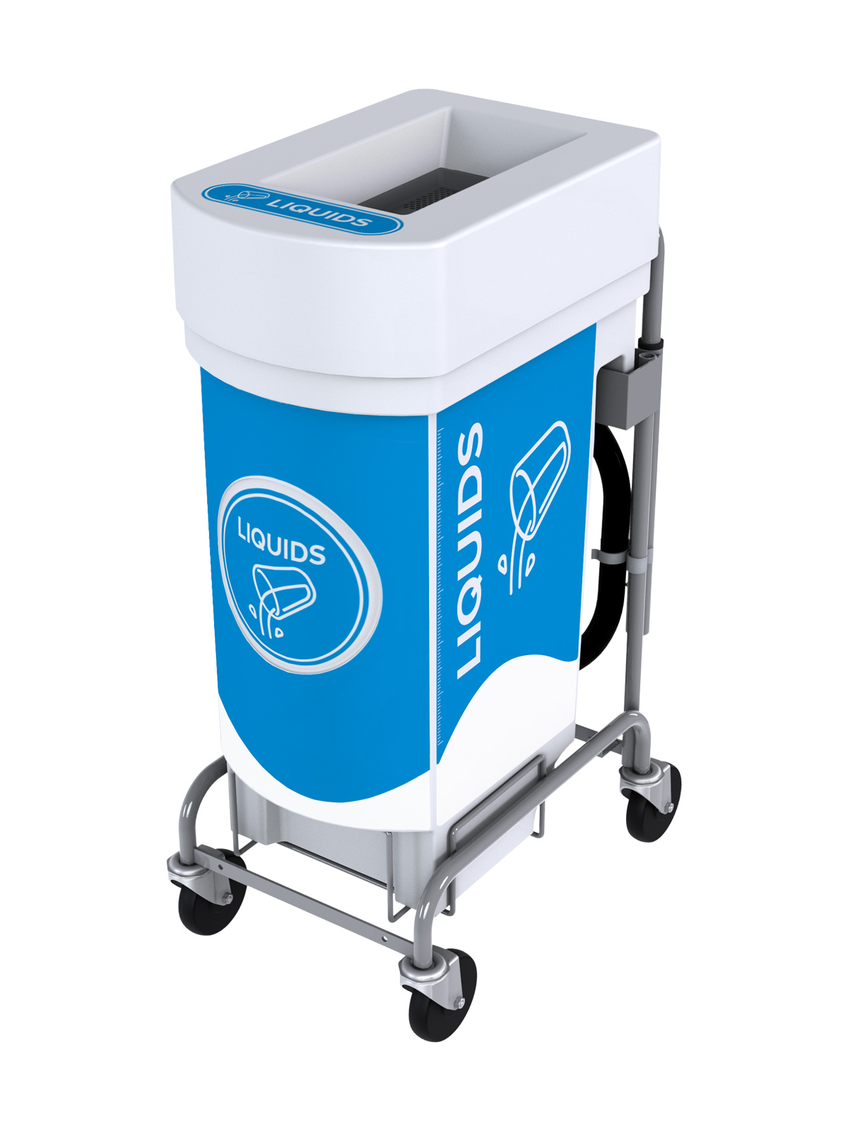 liquid collection bin on a dolly with drain hose and valve with full graphics kit applied