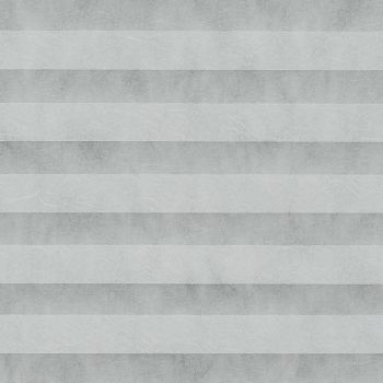 Horizontal pleated fabric shades, evenly spaced light and dark gray bands with subtle textured surface; closed, filtering diffuse light across a neutral interior, forming a regular striped pattern.
